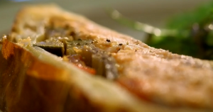 Mary Berry Salmon En Croute with roasted vegetables and pesto