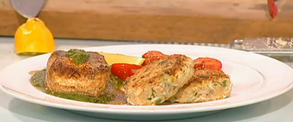 pan fried halibut with crab cakes and oven roast tomatoes on Saturday Kitchen