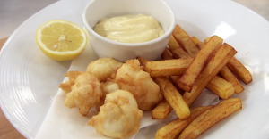 John Torode battered scampi and chips with mayonnaise on Celebrity MasterChef