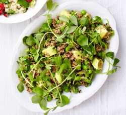 A delicious quinoa, pea and avocado salad that is perfect for a hot summer day.