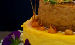 Tamal mango, hazelnut and rosemary cheesecake trio on The Great British Bake Off