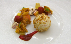 Nick’s parfait with honeycomb and poach peaches dessert on MasterChef: The Professionals