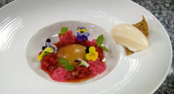 Lisa Allen’s roasted peach with champagne dessert on MasterChef: The Professionals