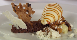 Scott’s malt ice cream with cocoa nib tuile dessert on MasterChef: The Professionals