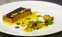Bobby’s sea trout with quails eggs on  MasterChef: The Professionals