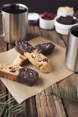 Grain-Free Dark Chocolate Dipped Almond Cranberry Biscotti with Sea Salt