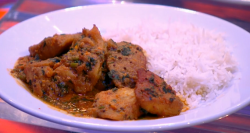 Nadiya Hussain from Bakeoff Bangladeshi cod fish with rice curry dish on The One Show