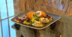 James Martin’s chicken Kiev with a seasonal salad, garlic and cheese croutons recipe on Sa ...