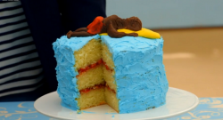 Chris Kamara’s Strawberry Extreme Body Boarding cake on The Great Sport Relief Bake Off