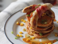 Rosie Birkett’s Maryland Spiced Sweetcorn Pancakes with Bacon Roasted Banana and Chilli Ma ...