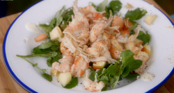 Jules crayfish on a bed of watercress with yogurt sumac sauce on Mary Berry’s Foolproof Co ...