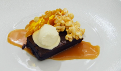 Natasha’s Dark Chocolate Brownie with Pop Corn and Caramel Sauce on MasterChef