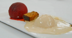 Rob’s poached plum with gingerbread and a gingerbread ice cream on MasterChef
