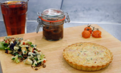Julie’s ploughman’s lunch with Cheddar and ham quiche and a onion chutney on MasterChef