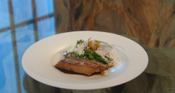 Glynn Purnell’s confit pork belly with hot pickled pineapple salad and black pepper powder ...