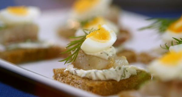 Quails Egg and Dill Herrings Canape on Mary Berry’s Easter Feast