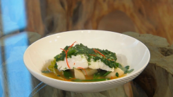 Ashley Palmer Watts Thai steamed brill with  Jerusalem artichokes and chilli broth on Saturday K ...