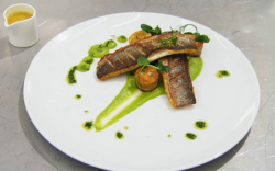 Stuart’s pan fried sea bass with pea puree on MasterChef