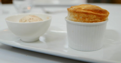Chris’s banana souffle with peanut butter ice cream dessert on MasterChef