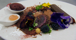 Jacob’s blackberry and chocolate brownie dessert on Masterchef