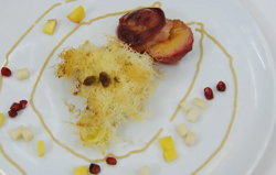 Jacob’s caramalised white peach with yellow peach pear dessert on MasterChef