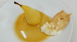 Jane’s poached pear with syrup and Chantilly cream dessert on MasterChef