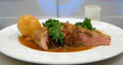 Jane’s pan fried duck breast with truffles, duck eggs and juniper sauce on MasterChef