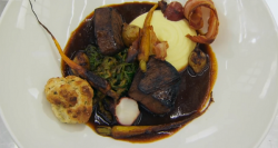 Liz’s beef filet dinner with crispy bacon, herby dumplings and mash potatoes dish on Maste ...