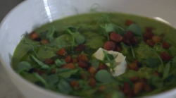 Tom Kerridge’s pea soup with mint oil, lemon zest, creme fresh and smoked pancetta for garnish o ...