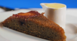 MasterChef Blue Team’s upside down plum sponge pudding with spiced plum syrup dessert serv ...