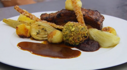 Liz’s pork belly with a pork and apple balsamic sauce on MasterChef