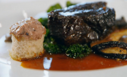 Stuart’s ox cheeks with potato cakes dish on Masterchef