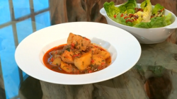 Nieves Barragán’s Marmitako (Basque roast pepper with potatoes and fish stew) with salad o ...