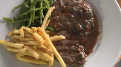 Rick Stein’s Entrecote Bordelaise steak in red wine with green beans salad and chips dis o ...