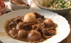 Marina’s Greek veal with spices, tomatoes and a Bulgar wheat salad cooked for Rick stein o ...