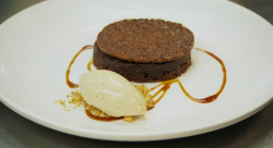 Stevie Parle’s warm chocolate cake with oat crumb and burnt milk ice cream dessert on Mast ...