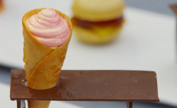 Park Lane boys raspberry cone an a chocolate bench dessert on Bake Off Creme de la Creme