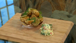 Glynn Purnell’s Indian inspired prawn fritters with a green mango and yogurt salad on Satu ...