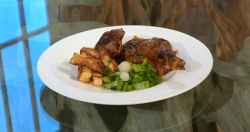 The Hairy Bikers spatchcocked duck with posh peas and celeriac chips dish on Saturday Kitchen