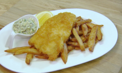 Rosemary Shrager fish and chips with tartar sauce on Chopping Block