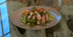 Lyndey Milan’s pan fried pork steaks with stinging nettle sauce, quick pickle and an aspar ...