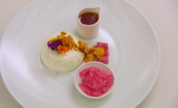 Jane’s winning rhubarb and custard dessert with vanilla panna cotta and a burnt orange and ...