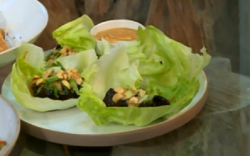 Sabrina Ghayour’s spicy lamb lettuce wraps with peanut sauce dish on Saturday Kitchen