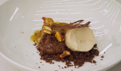 Billy’s peanut cake with caramel sauce dessert on Masterchef