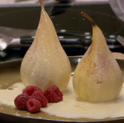 Joshua and Hadleigh’s poached pears with a chocolate ganache on Chopping Block