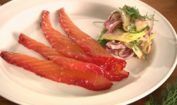 Rick Stein’s cure salmon starter with a German salad containing cucumber, apple and horser ...