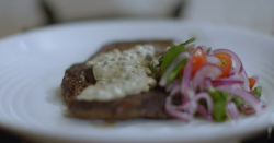 Tom Kerridge’s rib-eye steak with pepper corn sauce cooked by Fay on the Food Detectives
