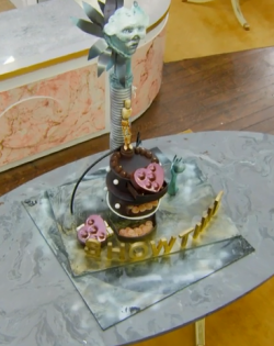 Inventors team’s chocolate container with pistachio and cherry confit nougat on Bake Off C ...