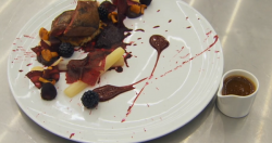 Juanita’s roasted pigeon with potatoes rosti and a pigeon ju horror movie dish on Masterchef