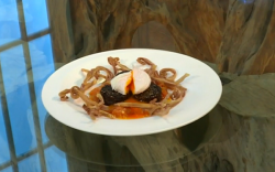 Michel Roux Jr. black pudding with a poached egg, pig’s ears and spicy tomato chutney on Saturda ...